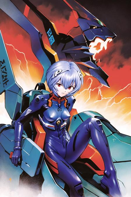 05437-2221843322-1girl, plugsuit, bandages, ayanami rei, red eyes, white bodysuit, blue hair, mecha, short hair, bodysuit, weapon, robot, single.png